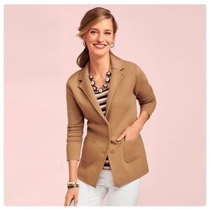 Talbots Women’s Tan Knit Notched Lapel 3 Button Blazer Size: L